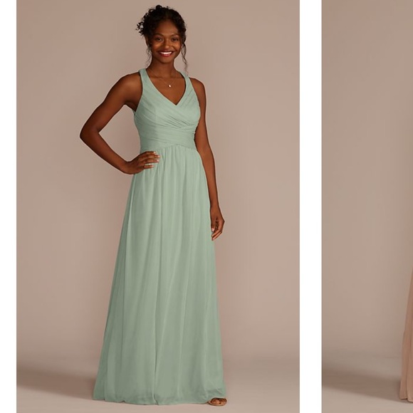 David's Bridal Dresses & Skirts - David’s Bridal mesh long bridesmaid dress with crisscross back. Mint size 10